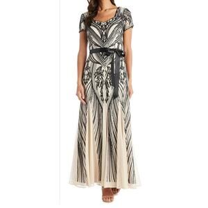 R & M Richards Sequined Belted Dress Champagne & Black Size 8 NWT Satin Belt